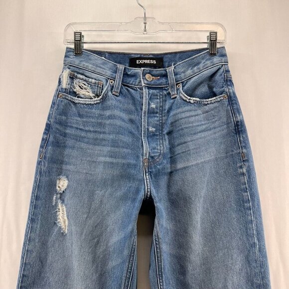 Express Jeans Womens Size 2 Dad Jean High Rise Distressed Cropped Denim Blue - Picture 3 of 10